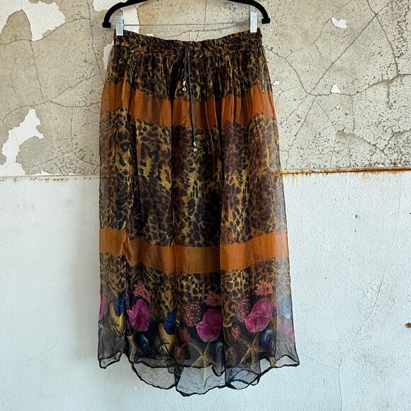 Vtg Midi Skirt Leopard Floral Sheer Chiffon Elastic Waist Boho Hippie Maximalist - Picture 1 of 6